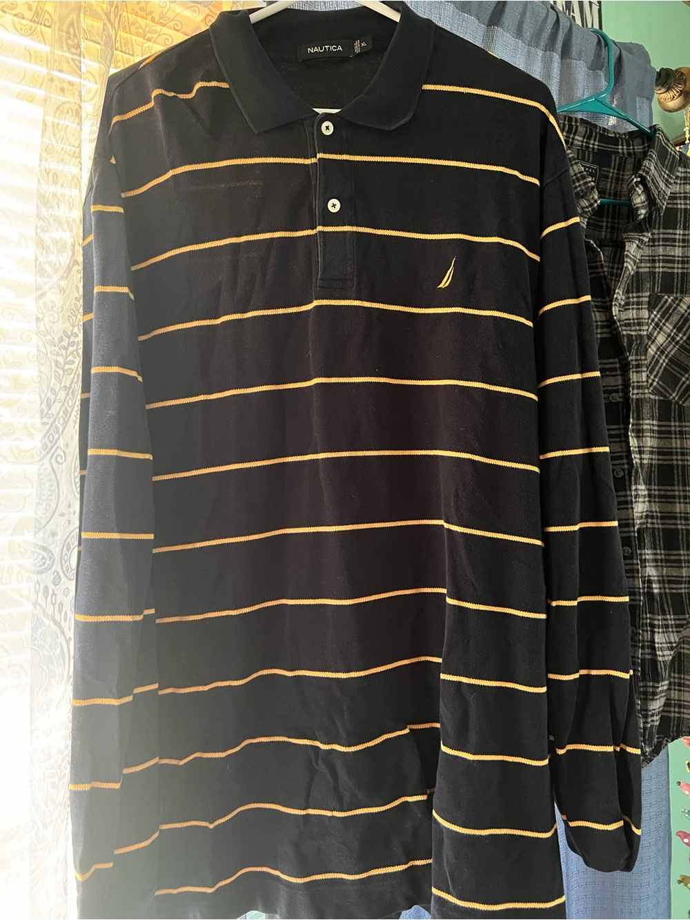 Nautica Black Long-Sleeve Polo with Yellow Stripes